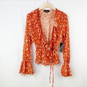 Lulu's Daisy Metallic Wrap Top Ruffle Orange Floral Sheer Long Sleeve L NWT
